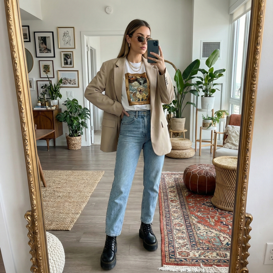 Person taking a mirror selfie in a stylish outfit with a beige blazer, graphic t-shirt, and jeans in a home setting.