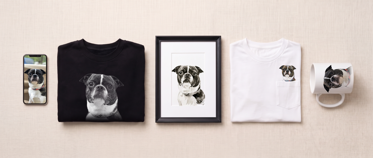 A phone showing a snapshot of a Boston terrier, and the same portrait printed on a sweatshirt, a framed print, a pocket tee and a mug.