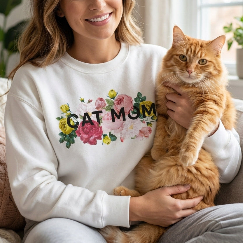 Woman wearing a 'Cat Mom' sweatshirt holding an orange cat in a cozy living room.
