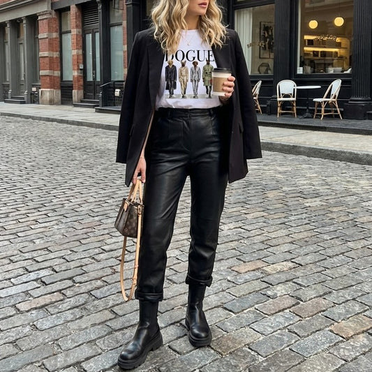 Woman in black outfit with leather pants and a coffee cup on a city street.