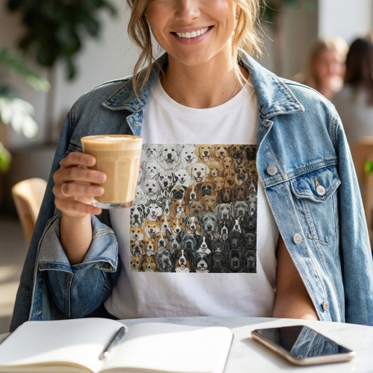 Person wearing a white t-shirt with a dog pattern, holding a coffee cup indoors.