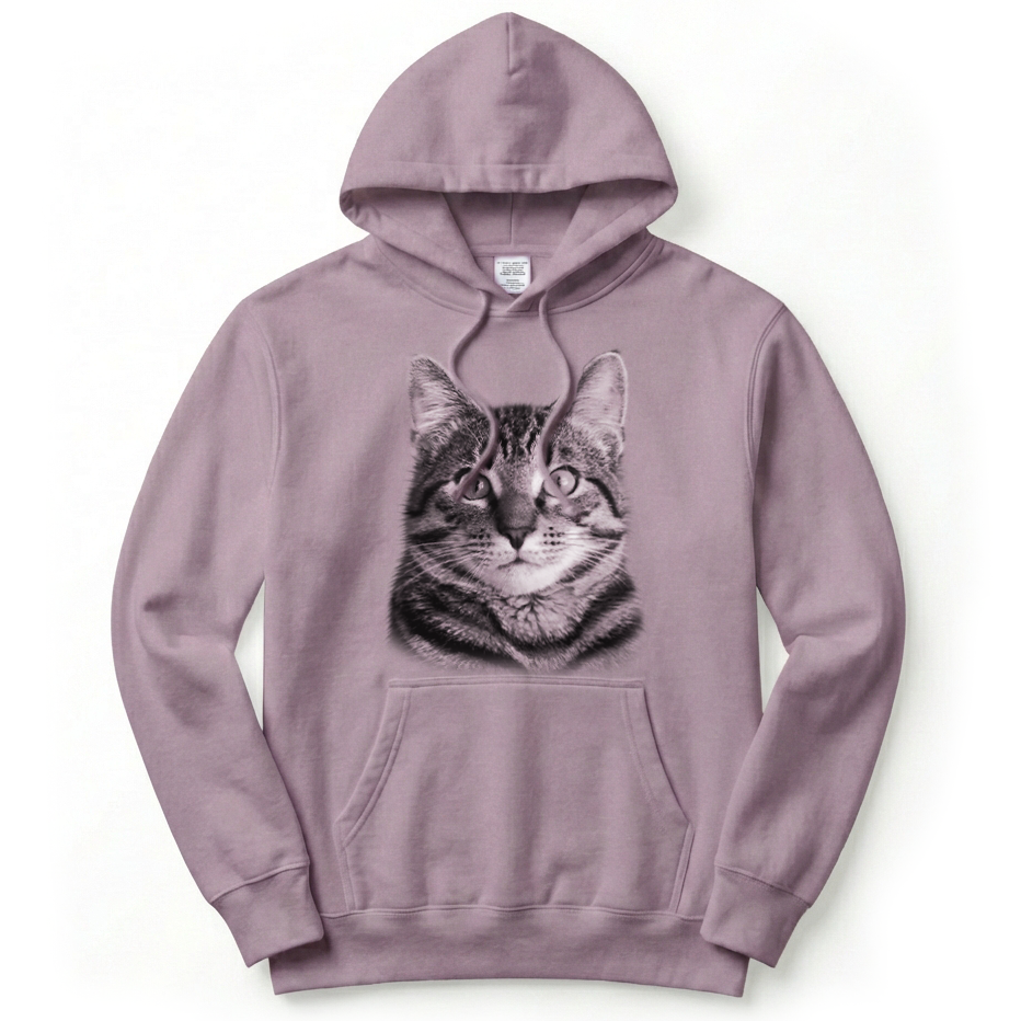 Purple hoodie with a cat graphic on a white background