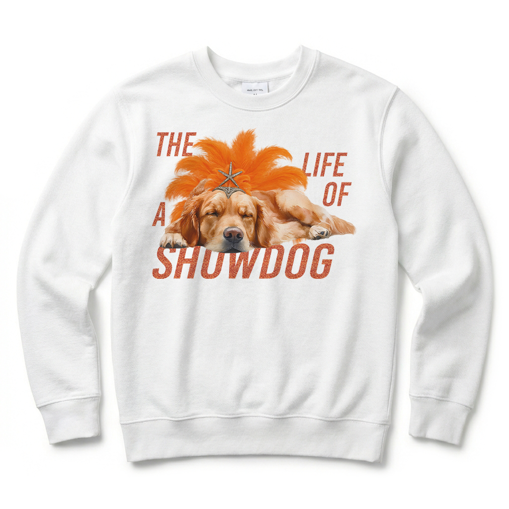 White sweatshirt with a dog graphic and text on a white background