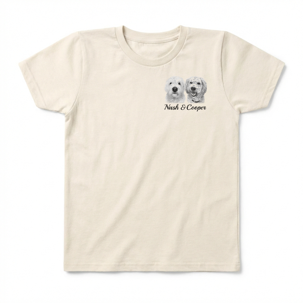 Beige t-shirt with two dog illustrations and text on a white background