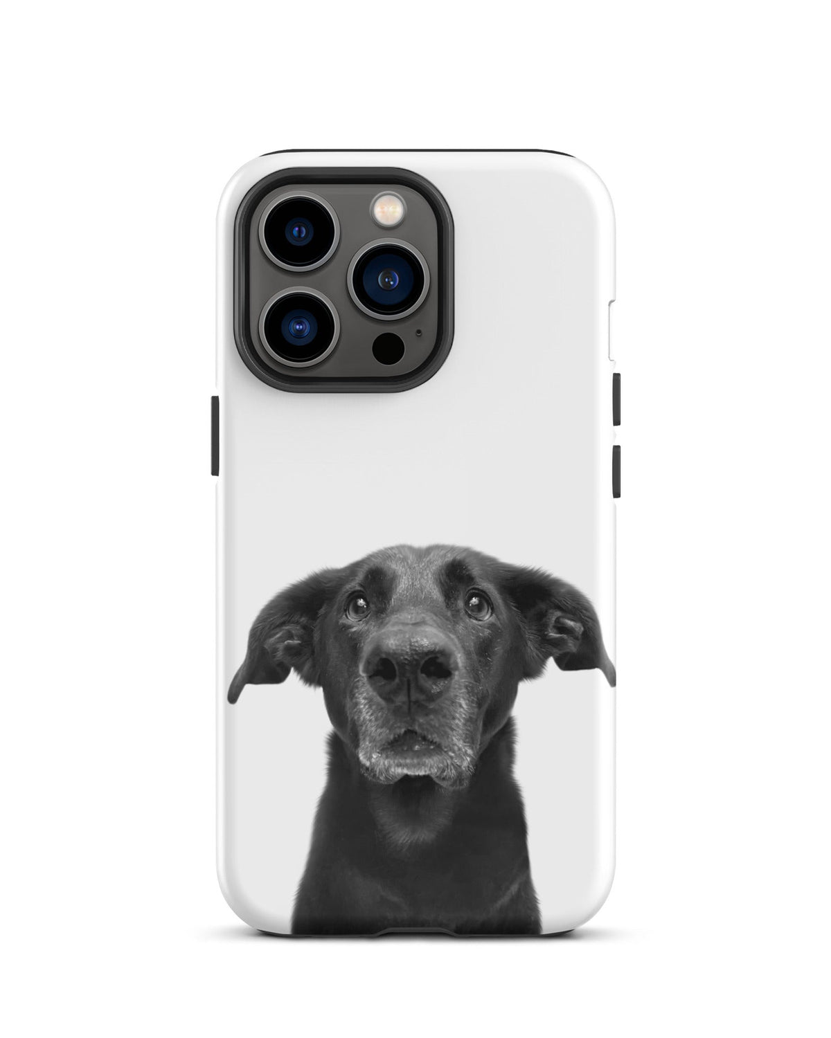 Phone case with a black and white dog design on a white background