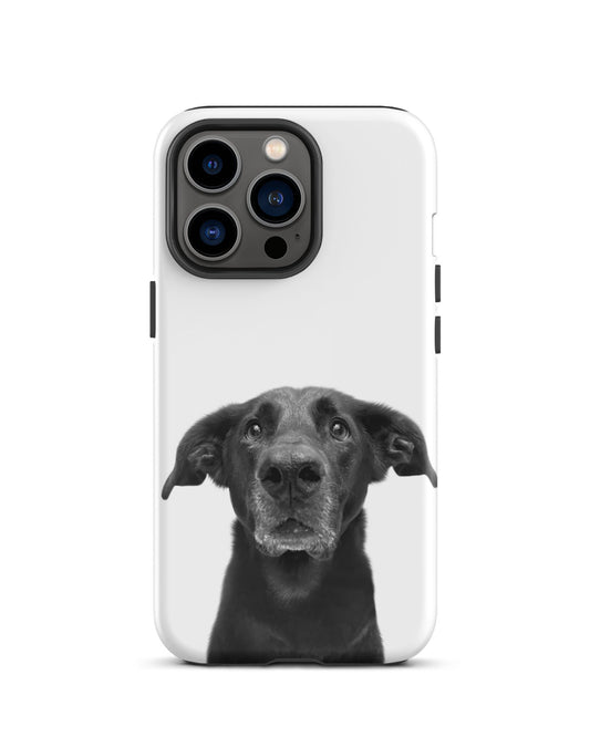 Phone case with a black and white dog design on a white background
