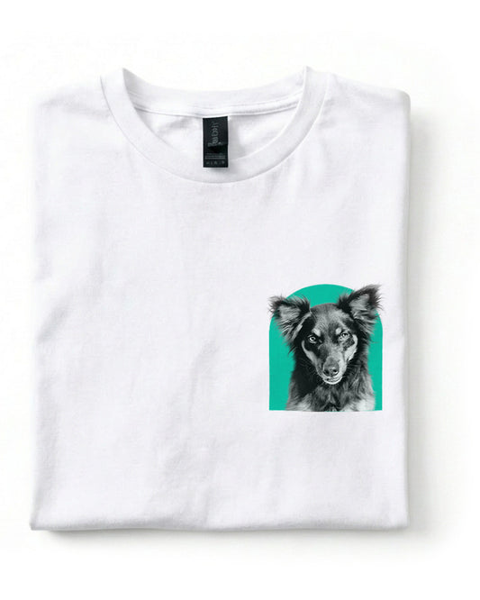 White t-shirt with a dog graphic on a white background