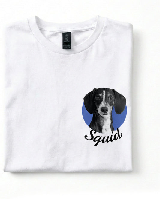 White t-shirt with a dog graphic and 'Squad' text on a white background