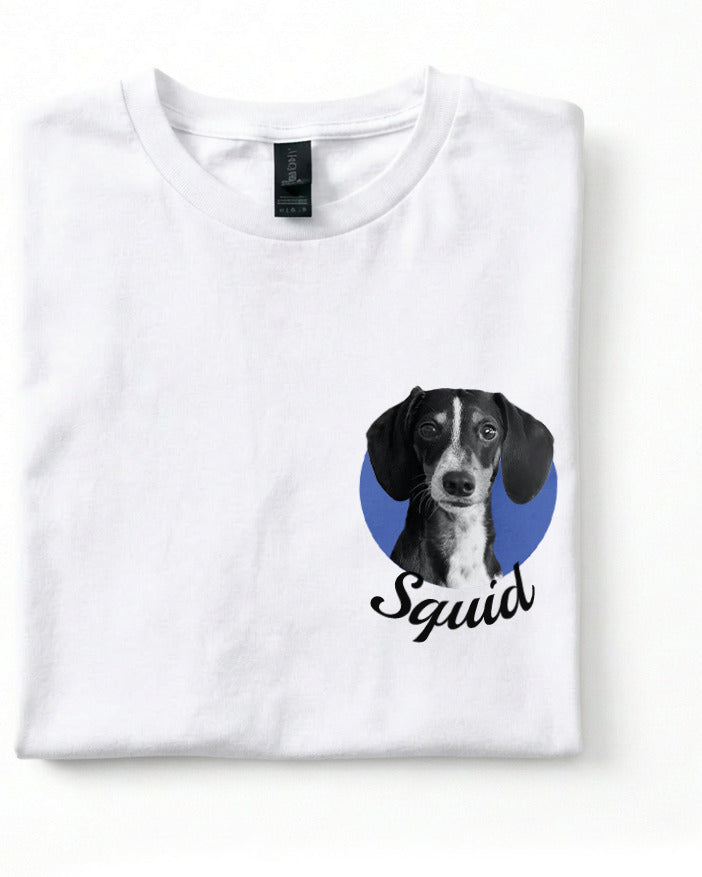 White t-shirt with a dog graphic and 'Squad' text on a white background