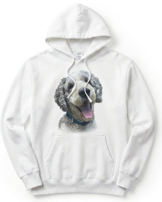 White hoodie with a dog graphic on a white background