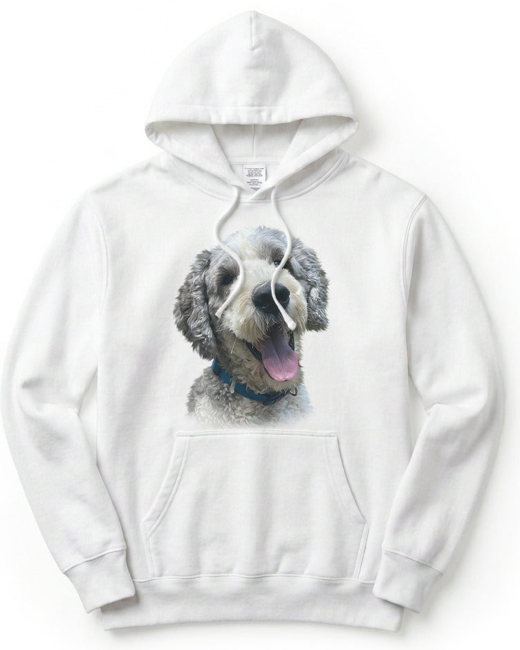 White hoodie with a dog graphic on a white background