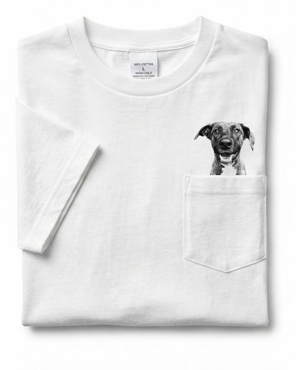 White t-shirt with a dog illustration on the chest pocket against a white background