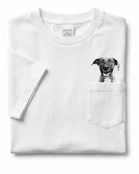 White t-shirt with a dog illustration on the chest pocket against a white background