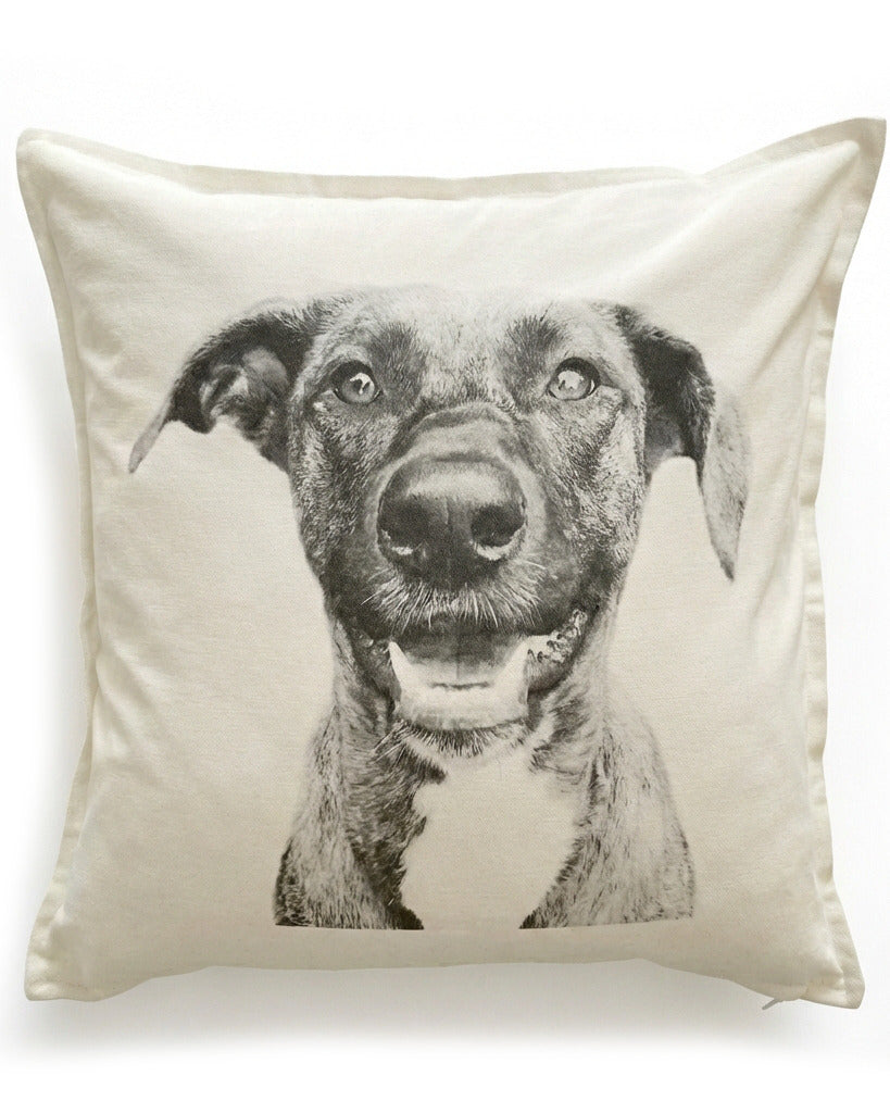 Pillow with a dog's face printed on it against a white background