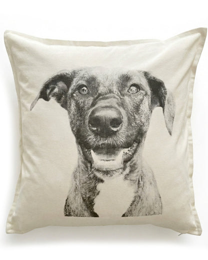 Pillow with a dog's face printed on it against a white background