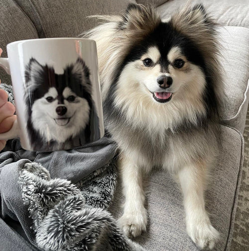 Custom pet portrait ceramic mug with black and white dog artwork