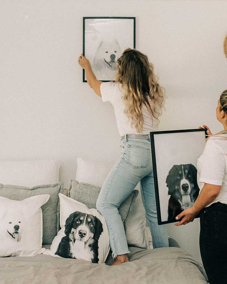 A framed Perkie Print of a dog, being hung above the bed
