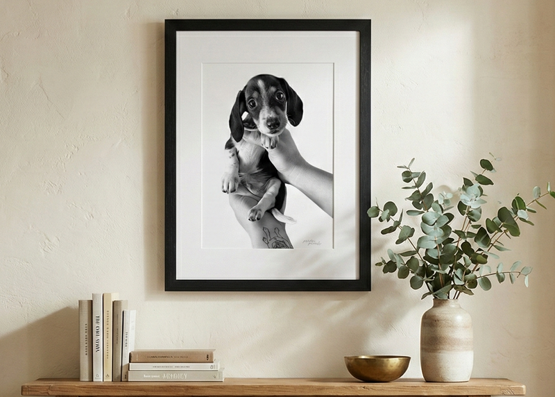 Framed black and white photo of a dog on a wall above a wooden console table with decor items.