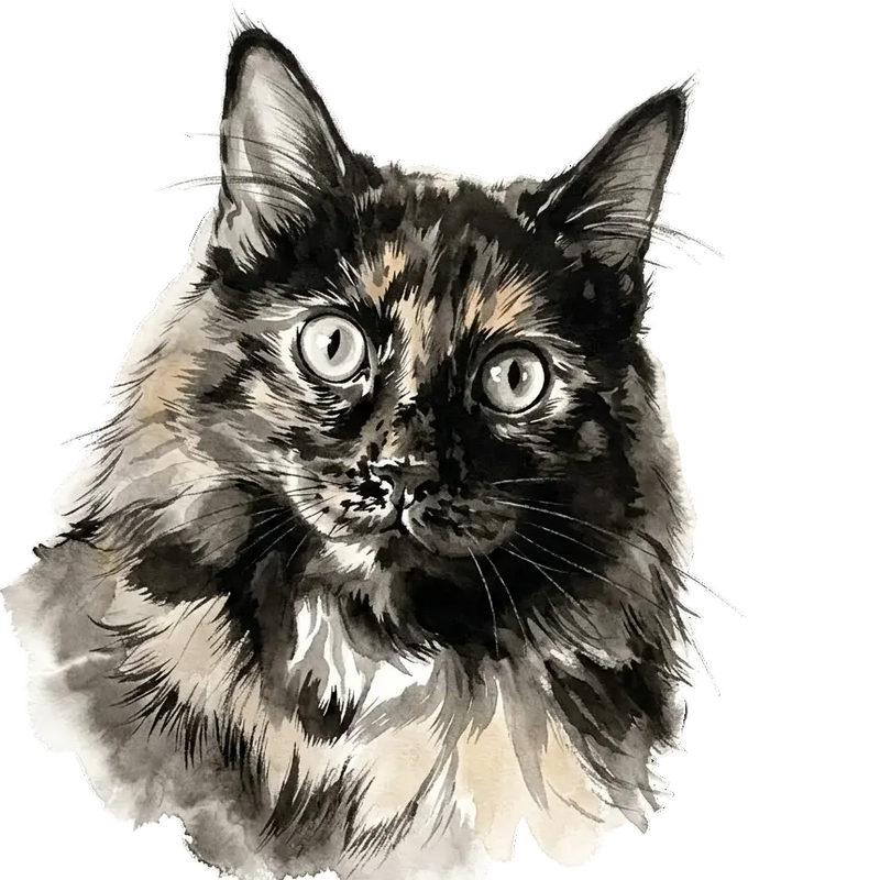 Ink wash custom pet portrait example with flowing sumi-e inspired brushwork