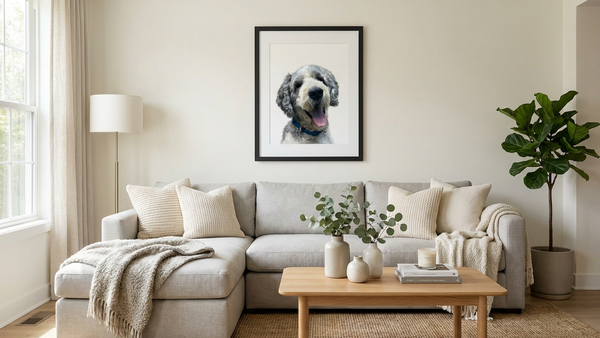 Color pet portrait displayed in a living room