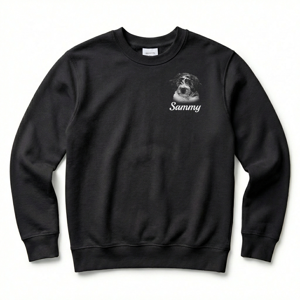 Black sweatshirt with a dog graphic and 'Sammy' text on a white background