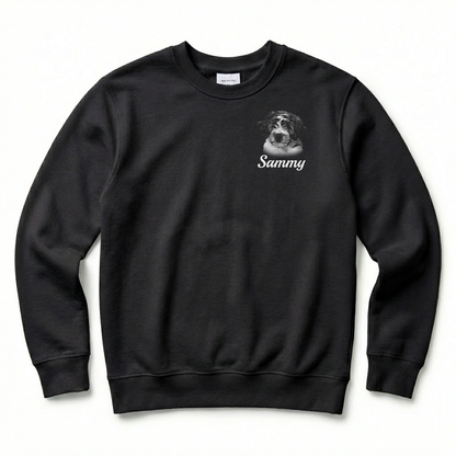 Black sweatshirt with a dog graphic and 'Sammy' text on a white background