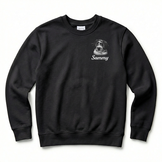 Black sweatshirt with a dog graphic and 'Sammy' text on a white background