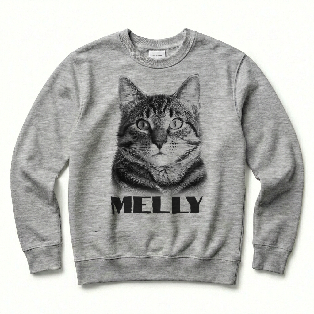 Gray sweatshirt with a cat graphic and 'Melly' text on a white background