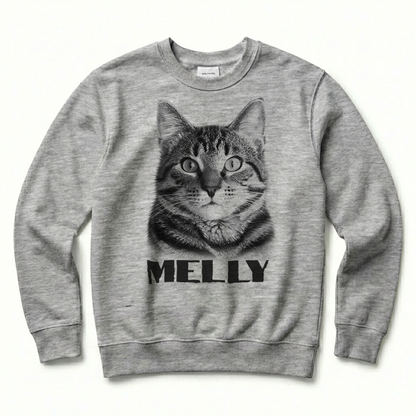 Gray sweatshirt with a cat graphic and 'Melly' text on a white background