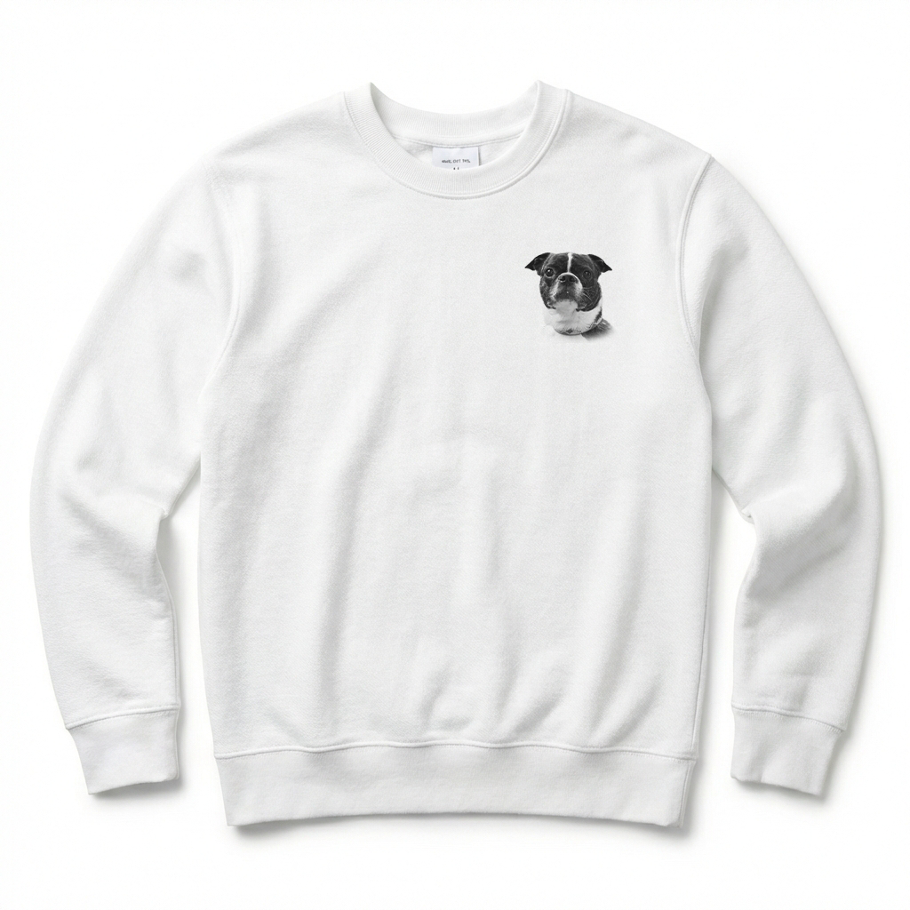 White sweatshirt with a dog graphic on a white background