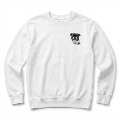 White sweatshirt with a dog graphic on a white background