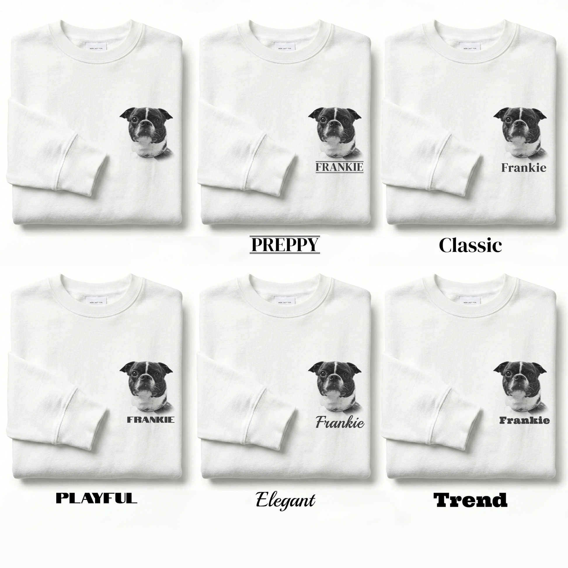 Set of white sweatshirts with a dog graphic and text labels on a white background