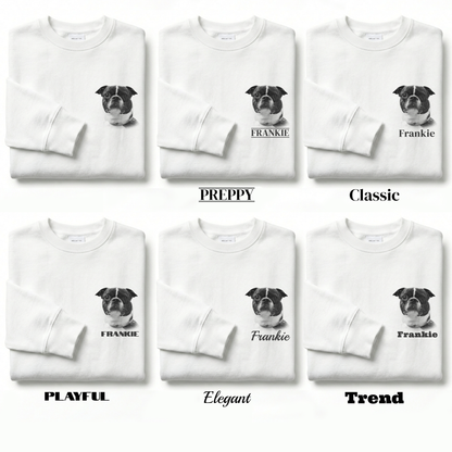 Set of white sweatshirts with a dog graphic and text labels on a white background