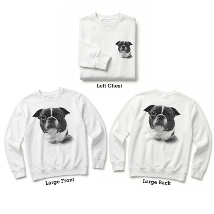 White sweatshirt with a dog print on a white background