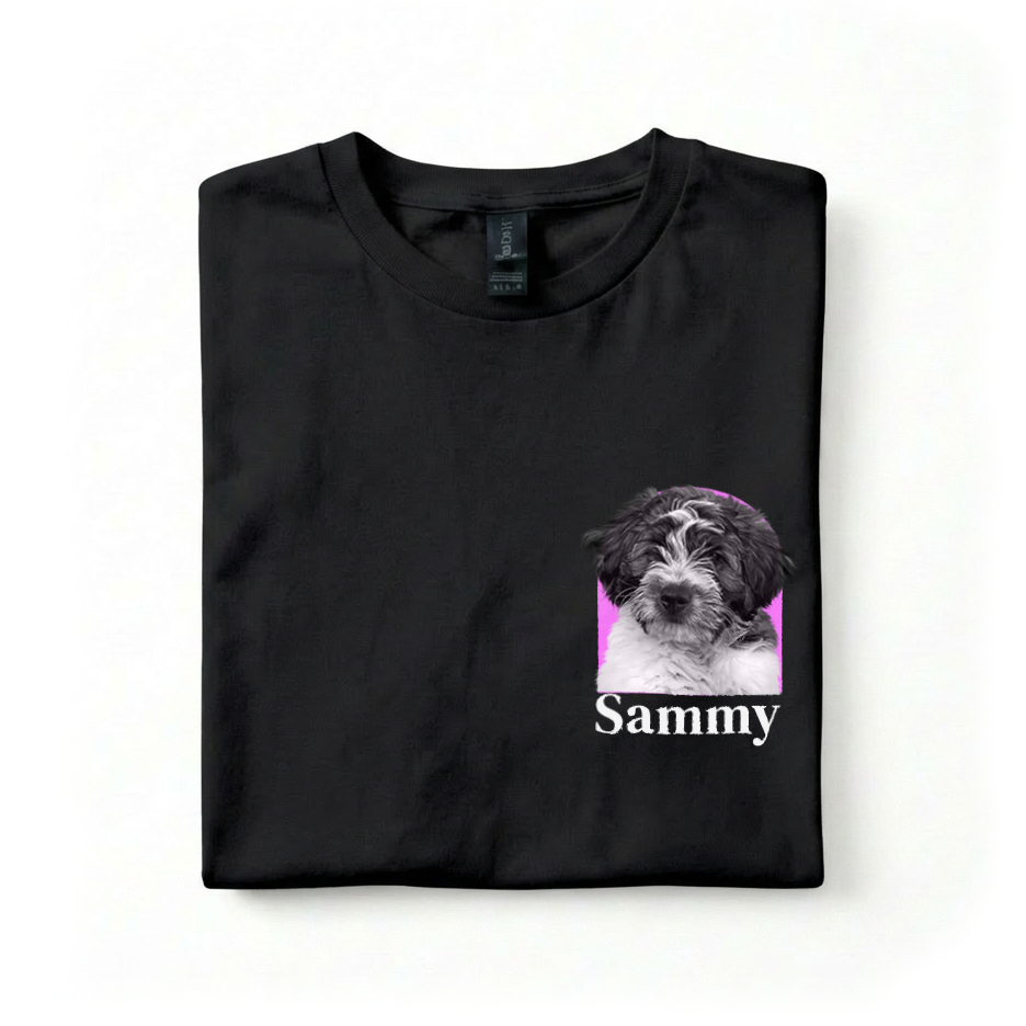Black t-shirt with a dog graphic and 'Sammy' text on a white background