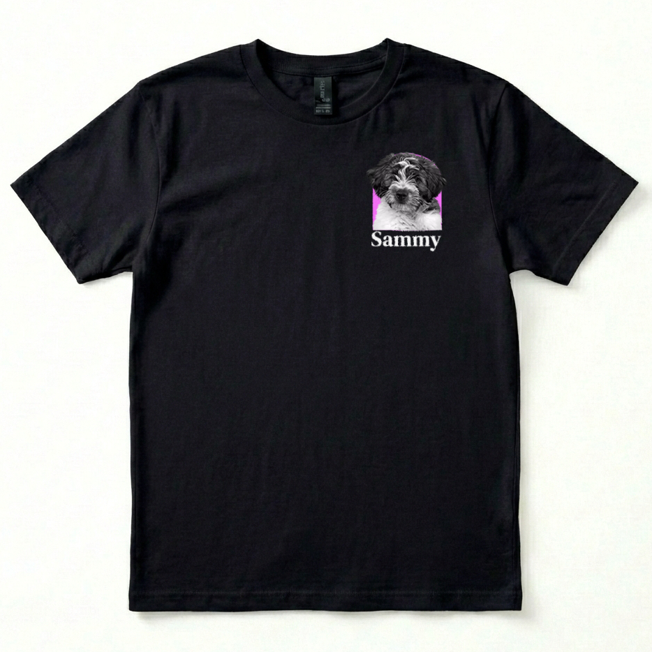 Black t-shirt with a dog graphic and 'Sammy' text on a white background