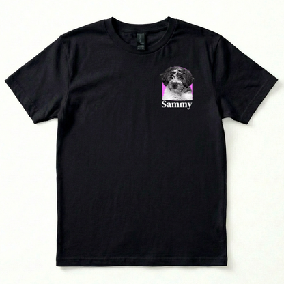 Black t-shirt with a dog graphic and 'Sammy' text on a white background