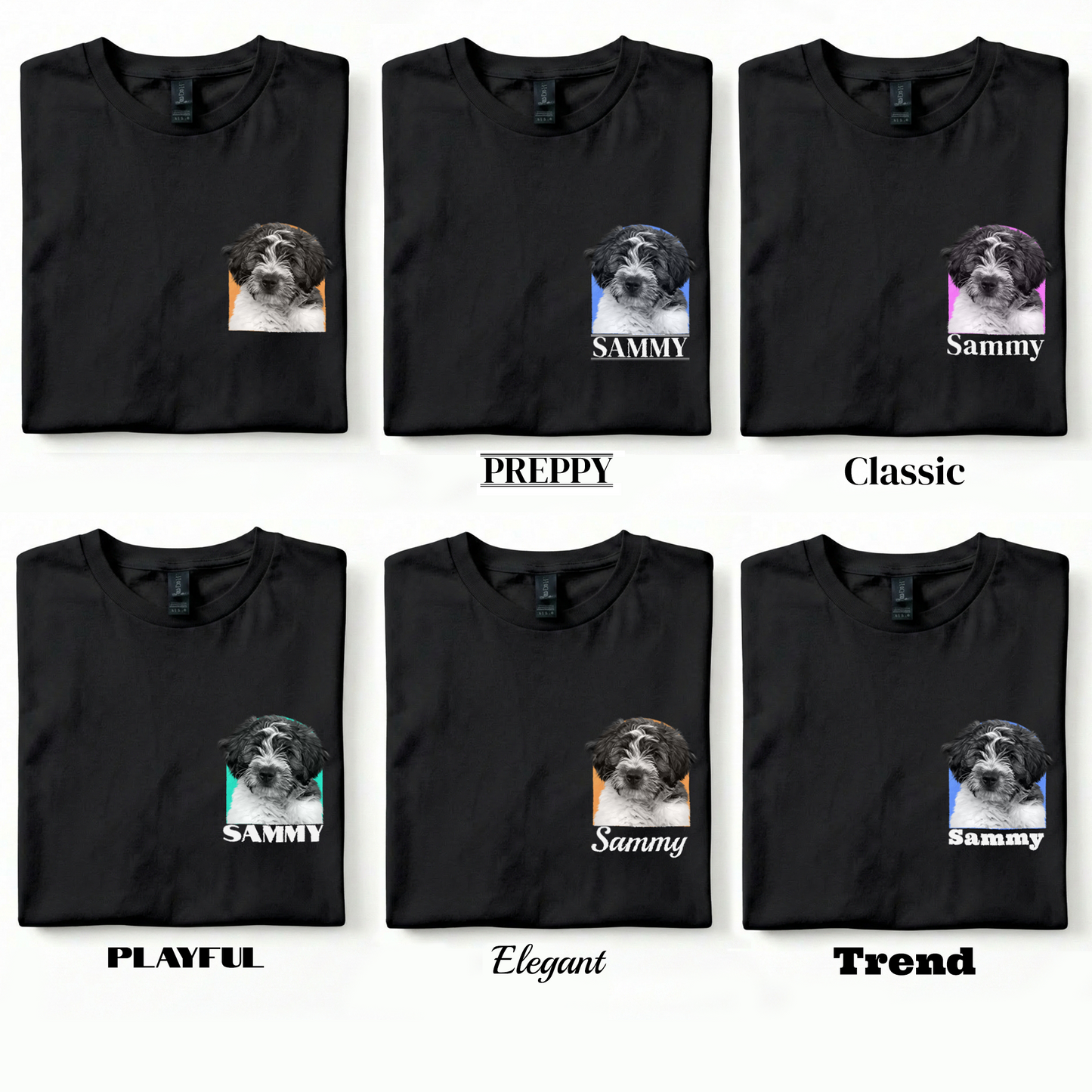 Black t-shirts with a dog photo and name 'Sammy' on a white background
