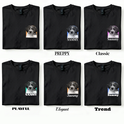 Black t-shirts with a dog photo and name 'Sammy' on a white background