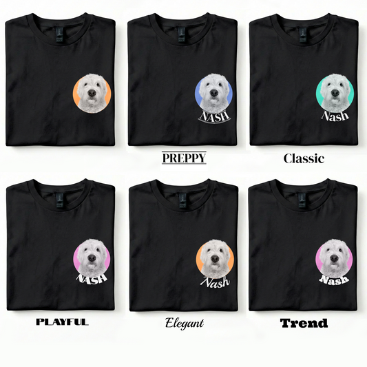 Set of six black t-shirts with dog illustrations and text labels on a white background