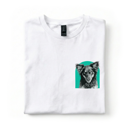 White t-shirt with a dog graphic on a white background