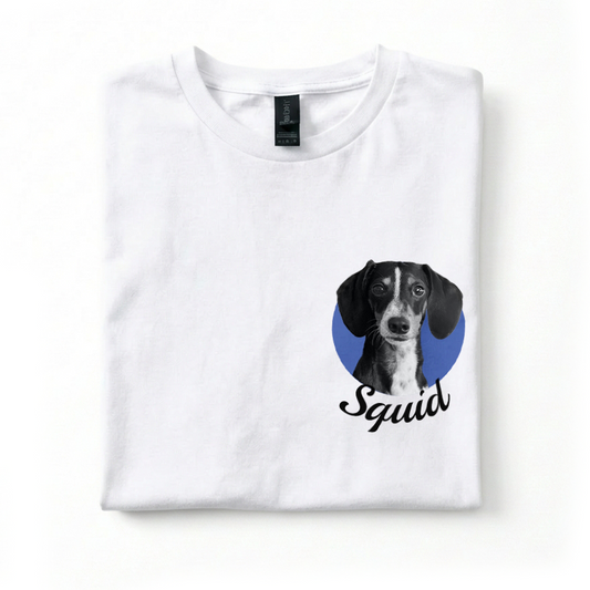 White t-shirt with a dog graphic and 'Squad' text on a white background