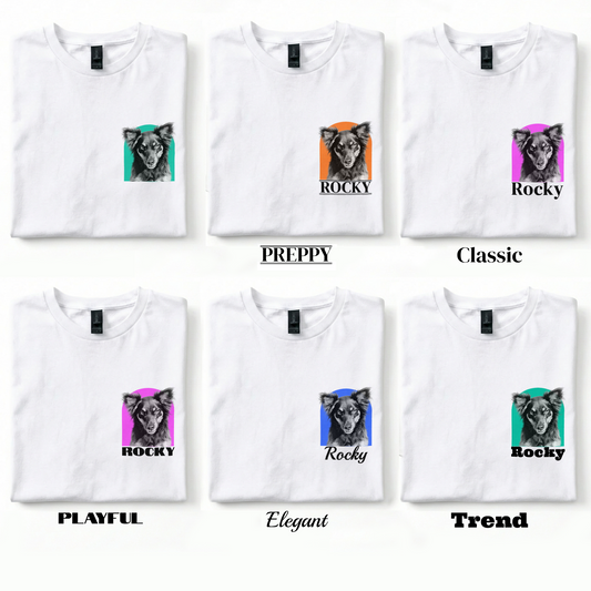 Set of white t-shirts with different design labels and a dog graphic on a white background