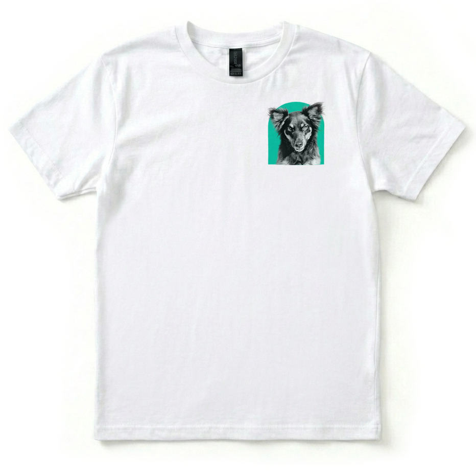 White t-shirt with a dog graphic on a white background