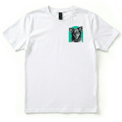 White t-shirt with a dog graphic on a white background
