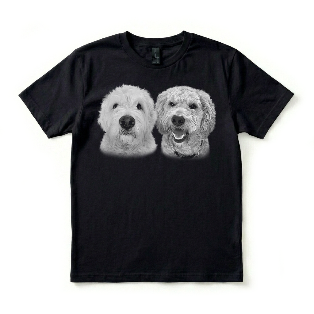 Black t-shirt with two dog illustrations on a white background