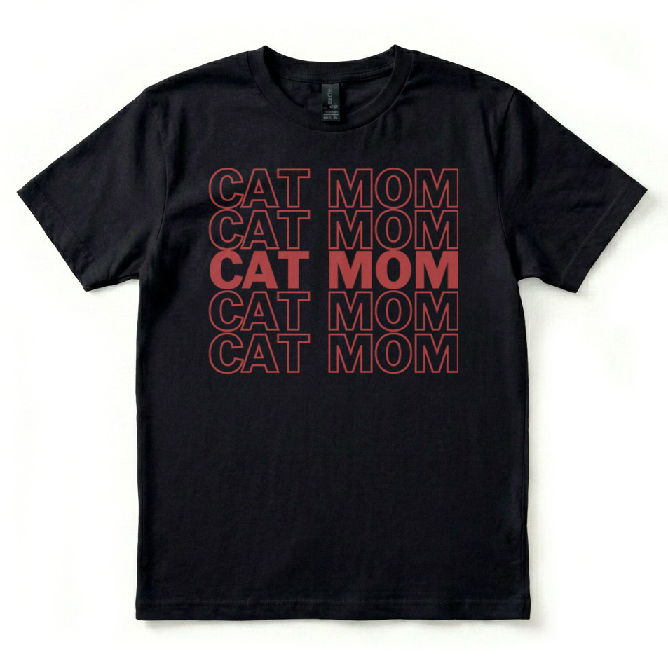 Black t-shirt with 'CAT MOM' text in red on a white background