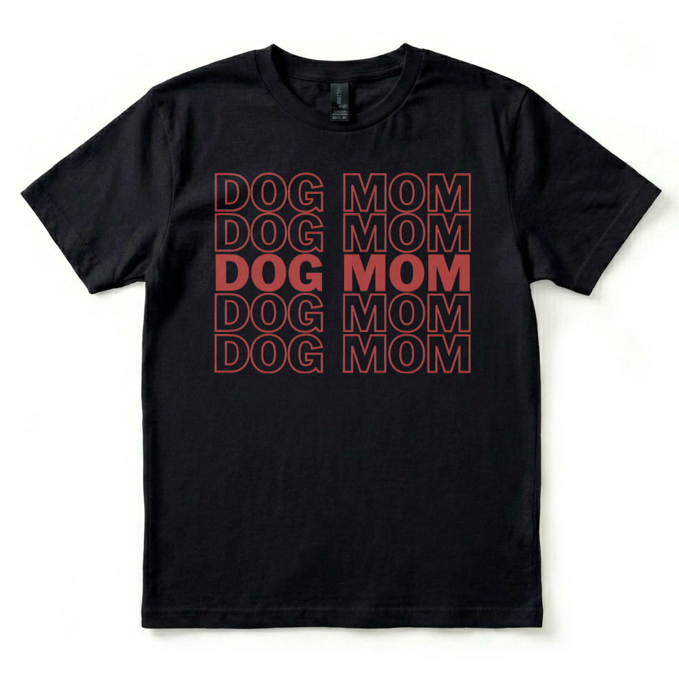 Black t-shirt with red 'DOG MOM' text pattern on a white background
