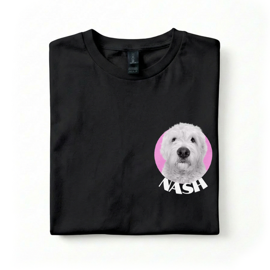 Black t-shirt with a dog graphic and 'NASH' text on a white background