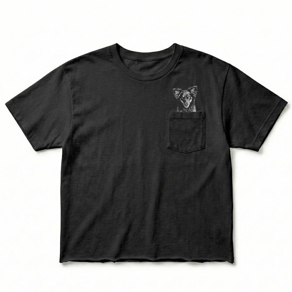Black t-shirt with a dog graphic on the pocket against a white background